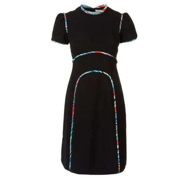 Mary Katrantzou Black Multicolor Contrast Piping Short Sleeve Dress Size 2 - Picture 3 of 6